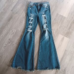 Vici Special A Denim High Rise Distressed Super Flare Leg Blue Jeans Size 5 | 27